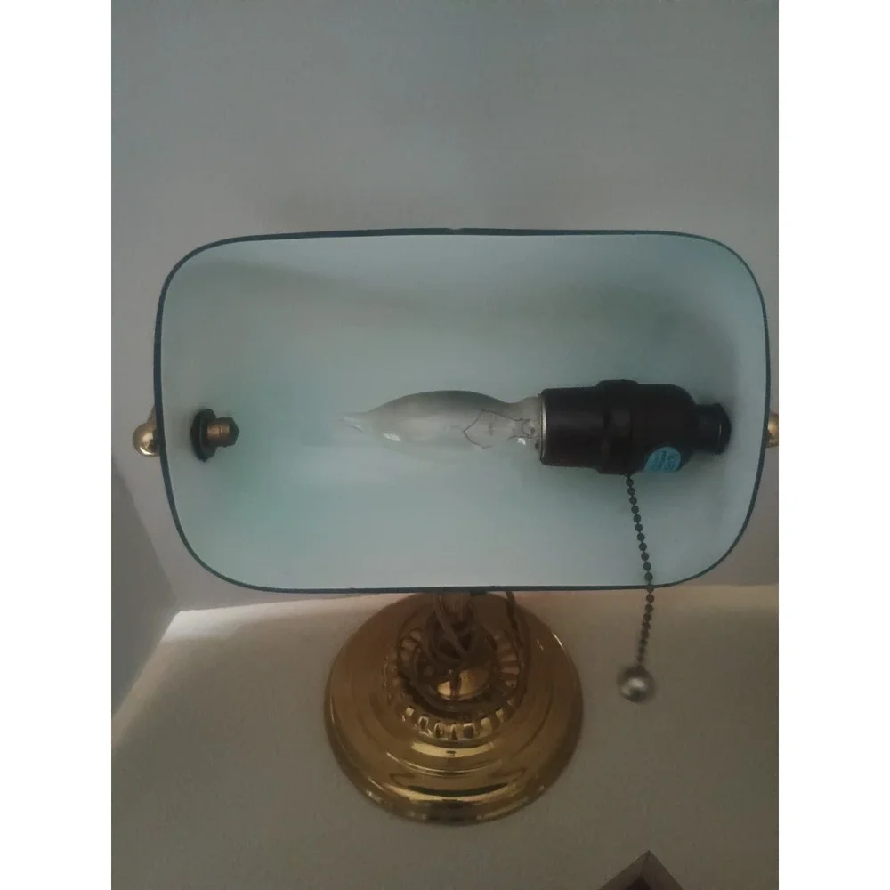 Vintage Brass Bankers Desk Library Pull String Lamp Emerald Green Glass...